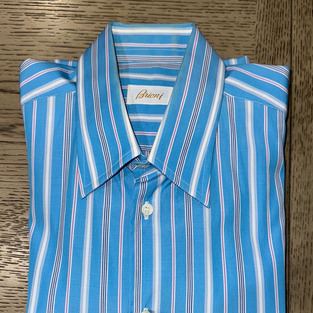 Brioni Light Blue and White Striped Dress Shirt